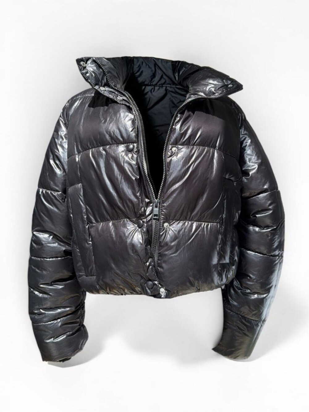 Zara Black Cropped Puffer Jacket Glossy Finish